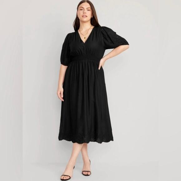 Old Navy Eyelet Puff Sleeve Midi Swing Dress Womens Large Black Prairie Romantic - Picture 4 of 11